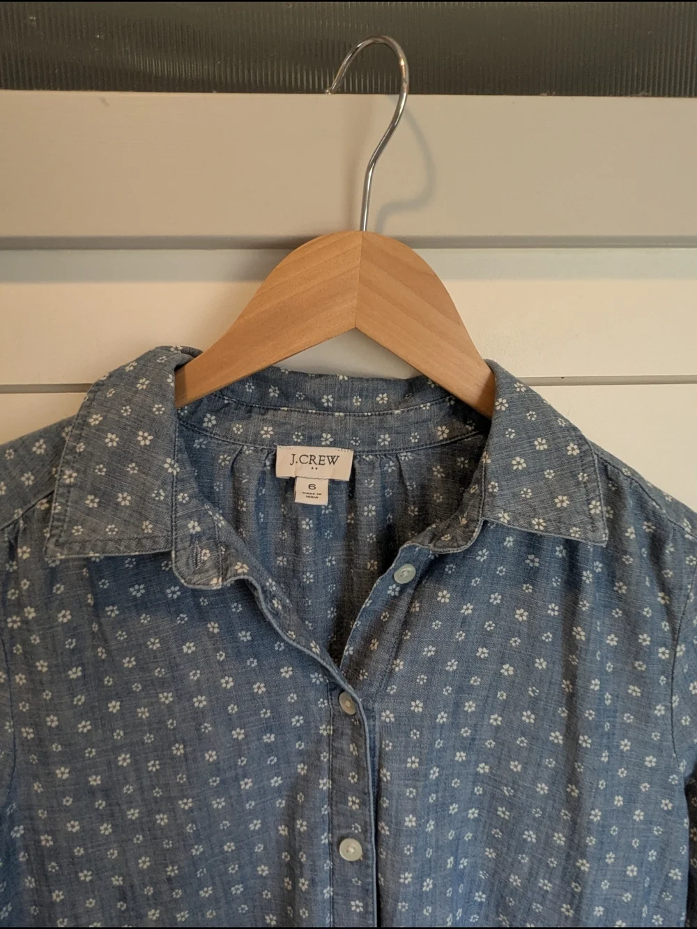 J. Crew Cotton Mini Shirt Dress Chambray Floral Print Size 6 Collared Button Up